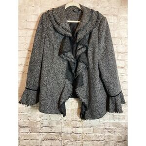 Beliza Tweed Jacket 18W Black Lagenlook Ruffle Open Front Fringe Trim Artsy Boho